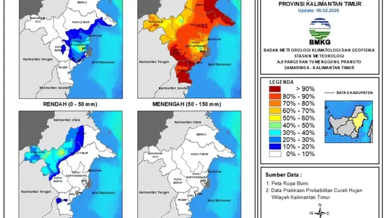 BMKG Prediksi Curah Hujan Menengah hingga Tinggi di Kaltim Periode 11–20 Februari 2026