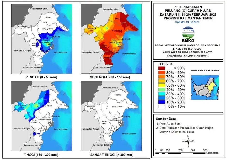 BMKG Prediksi Curah Hujan Menengah hingga Tinggi di Kaltim Periode 11–20 Februari 2026